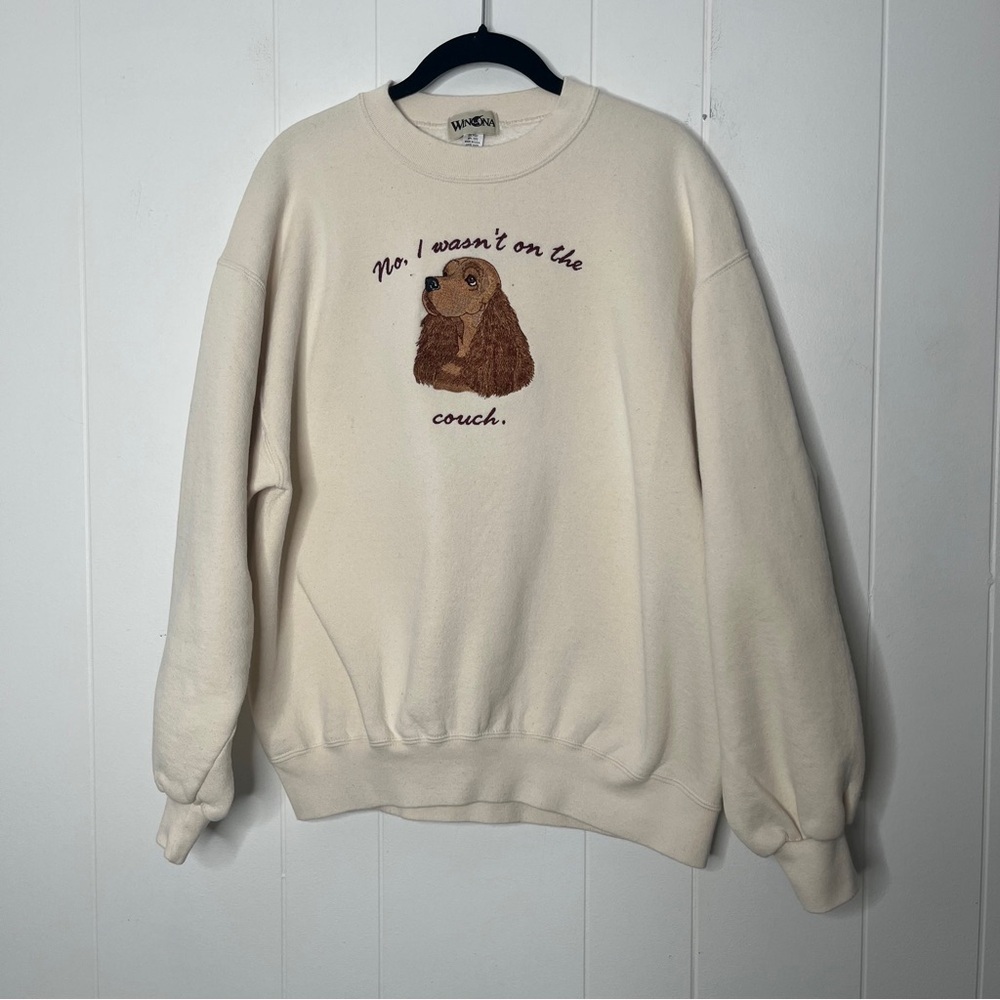 Vintage Cream Crewneck Sweatshirt with Cocker Spaniel Dog Embroidery Size L